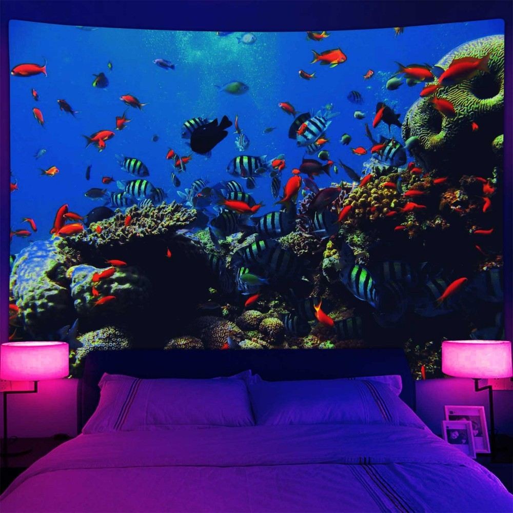 Fish Large Wall Art Blacklight Poster UV Reactive Tapestry Wall Hanging Fabric
