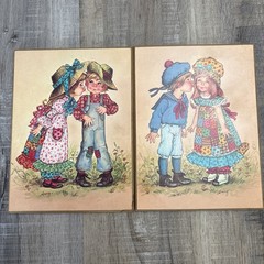 Vtg Holly Hobbie Wall Plaques Set Amy Signed 1970s Boy Girl Wood Decor Kiss Farm