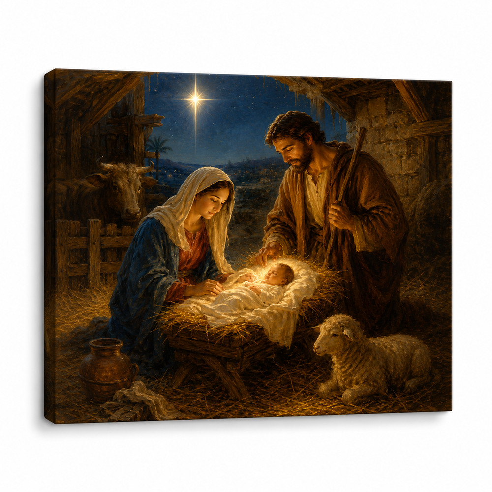 Nativity Scene Canvas Wall Art Christmas Holy Family Manger Birth of Jesus Print