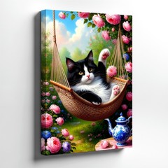 Wall Art Black White Cat in Hammock Pink Roses Garden Floral Canvas Print Decor