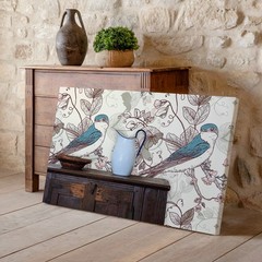 Blue and White Bird Floral Canvas Wall Art Print for Vintage Nature Home Decor