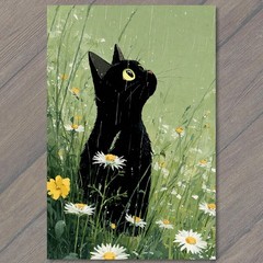 Art Print Black Cat Daisies Wildflower Meadow Rain Spring Folk Gothic Charm