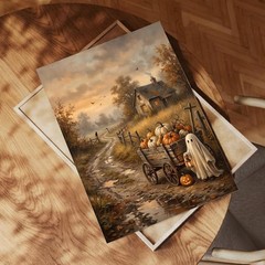 Cottagecore Halloween Pumpkin Wagon Print, Vintage Fall Ghost Wall Art