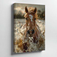 Brown Horse Running Through Water Splash Natural Wildlife Canvas Wall Art Print
