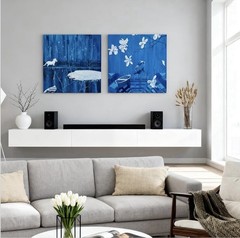 16X16” Night Ocean &Moonlight Wall Art Decor Set of 2 Framed Canvas Cool Blue