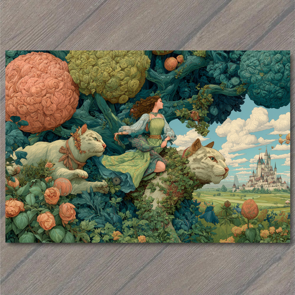 Art Print Woman Castle Garden Giant Cats Fantasy Fairytale Whimsical Trees Surre