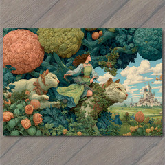 Art Print Woman Castle Garden Giant Cats Fantasy Fairytale Whimsical Trees Surre