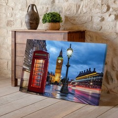 London Night Scene Canvas Wall Art Featuring Iconic Red Telephone Booth and