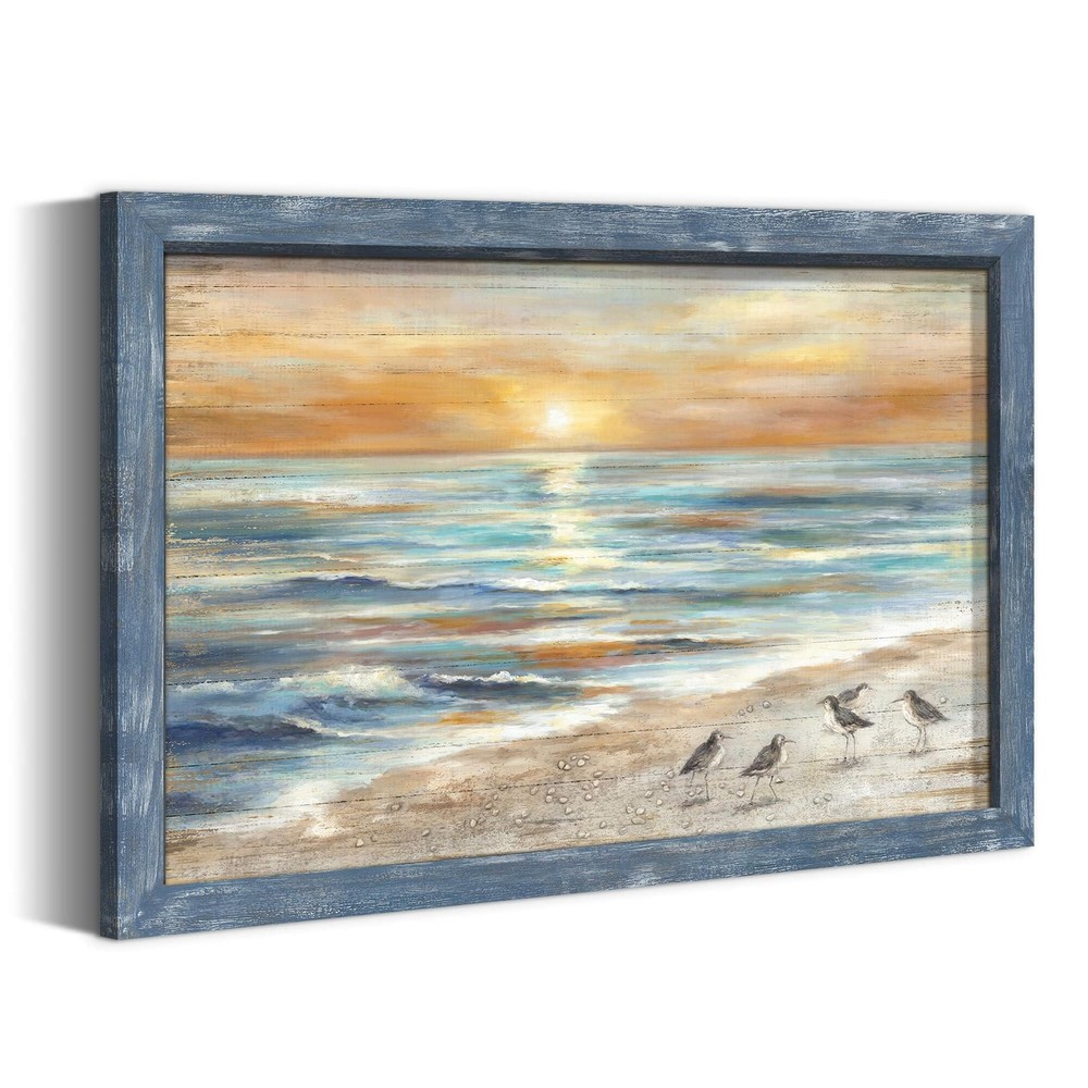 Framed Sunset Beach Wall Art: Modern Coastal Sea Birds Wooden Painting Rustic…