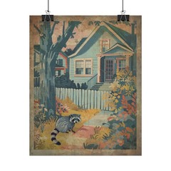 Vintage RACCOON Flower Wall Art, Nature Cottage Botanical Decor, Raccoon Gift