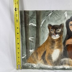 SIGNED Native American Girl And Lion Nature Painting On Ceramic Tile 16×12 in