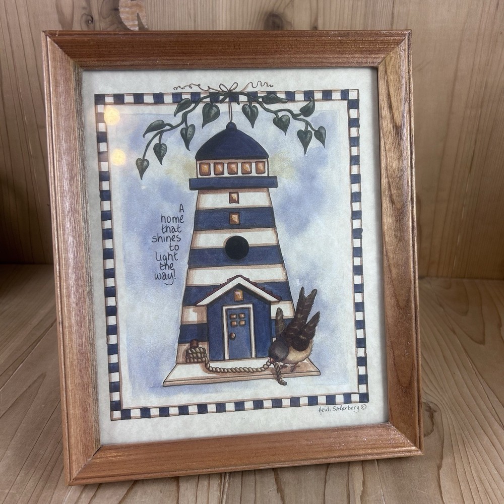 Lighthouse Framed Picture Bird Birdhouse Heidi Satterberg 11.5 x 9.5 In