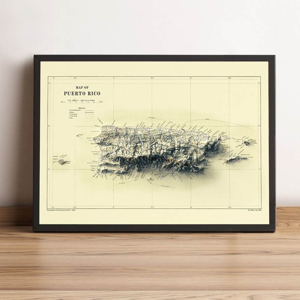 Puerto Rico Map, Puerto Rico 2D Relief Map, Puerto Rico Vintage Map – 2D Flat