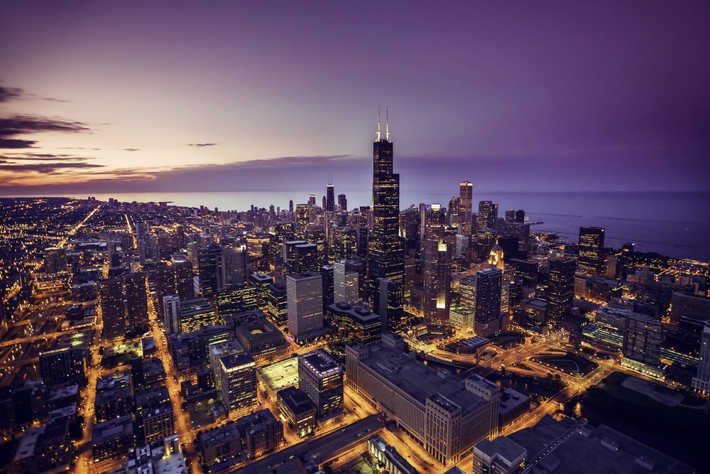 Chicago Illinois Skyline At Sunset Aerial View Willis Tower Poster 18×12