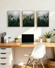 Green Fog Pine Tree Framed Wall Art Nature Misty Nordic Forests Morden Paints…