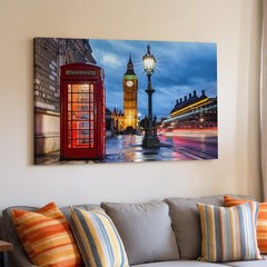 London Night Scene Canvas Wall Art Featuring Iconic Red Telephone Booth and