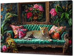 Cheetah Lying On Vintage Sofa Canvas Wall Art Eclectic Leopard Wall Decor Pic…