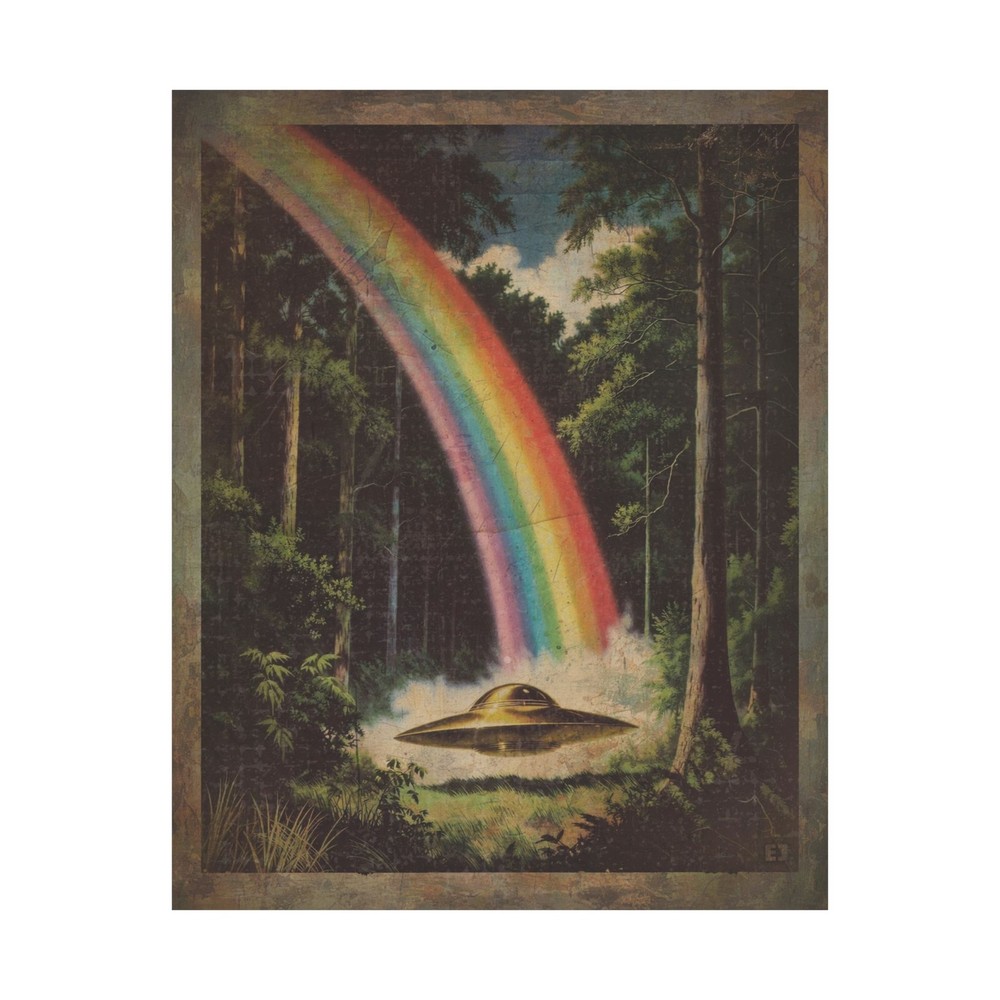 Vintage UFO RAINBOW Wall Art, Alien Pot of Gold Decor, Sci-fi Gay Pride Poster