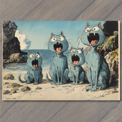 Art Print Adorable Cats Watching Fish Beach Scene Coastal Charm Fun Seaside Fun