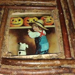 Fall Art Decor. Branch-Nature-Picture Frame. Little Boy w Dog & Pumpkins. OOAK