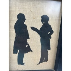 Vintage Victorian Silhouette Art Set of 2 Black Wood Frames Burlap Background
