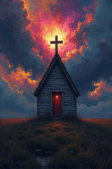 Christian Cross Mini Church Fire Sky Clouds 4×6 Photo Print Religious Wall Art