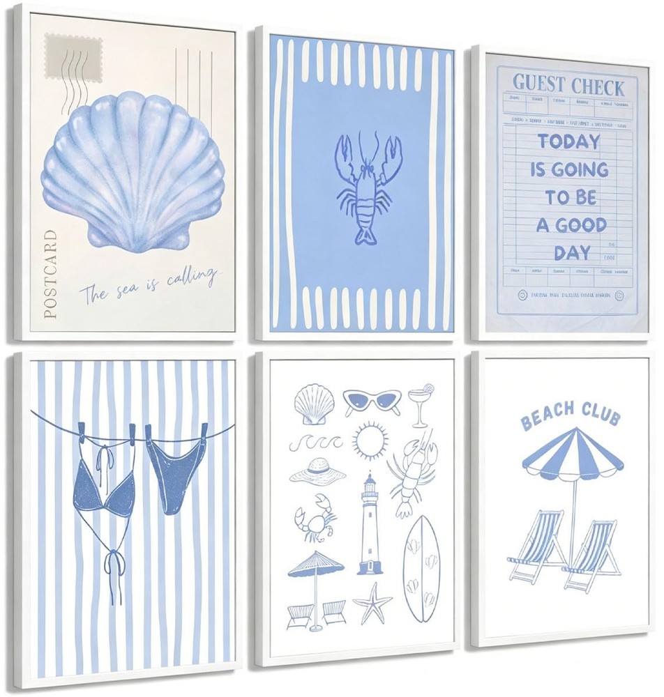 6Pcs Blue Coastal Granddaughter Canvas Wall Art, Bikini Beach Shells Painting…