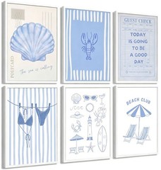 6Pcs Blue Coastal Granddaughter Canvas Wall Art, Bikini Beach Shells Painting…