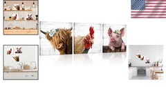 Waterproof 3-Piece Highland Cow, Rooster, Pig Wall Art for Kitchen & Living Room