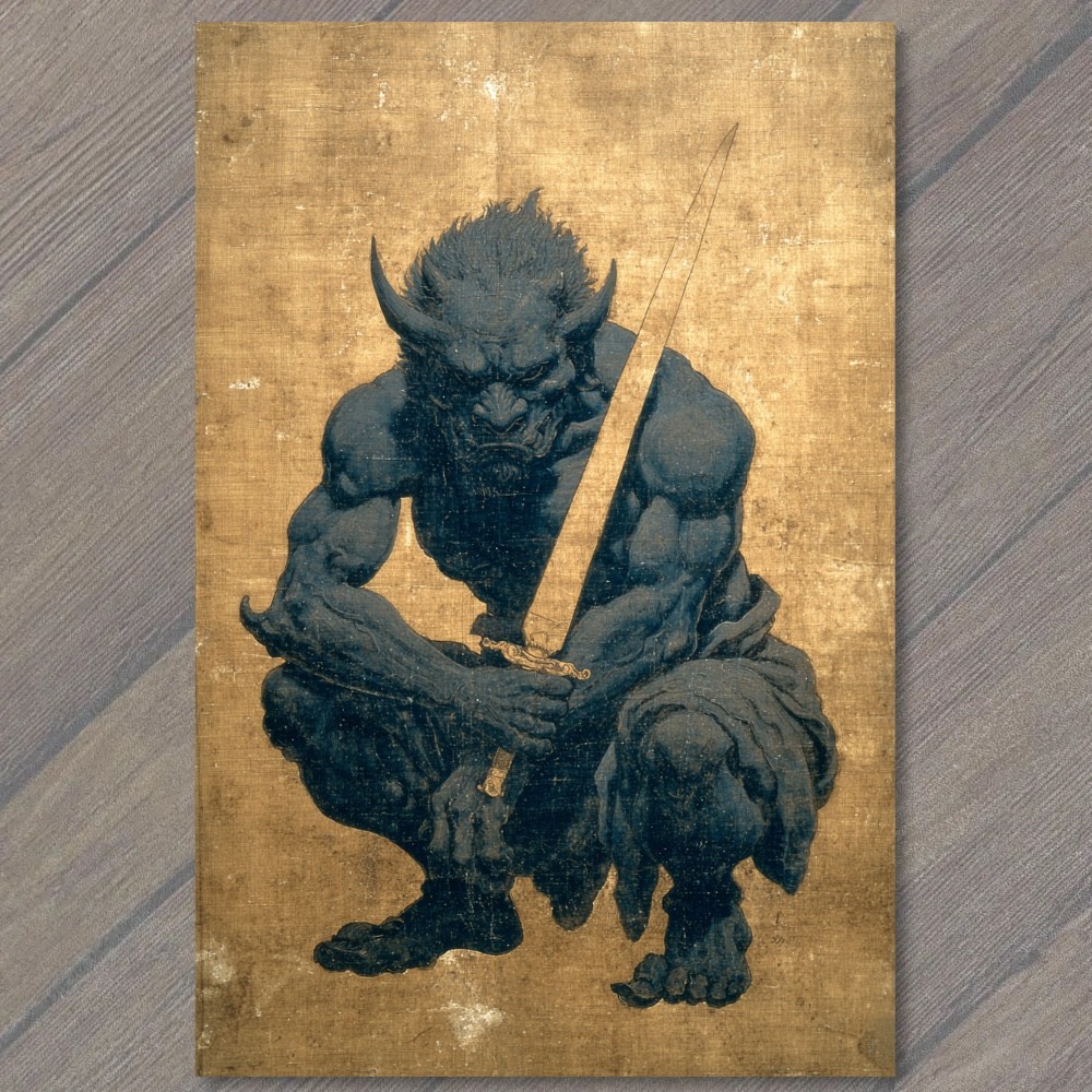 Art Print Horned Oni Sword Warrior Crouching Dark Fantasy Occult Fiend
