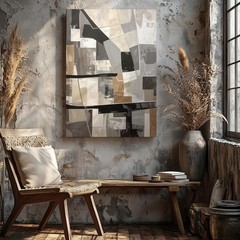 Muted Geometric Canvasabstract Patchwork In Gray, Beige, And Taupe Wall Art