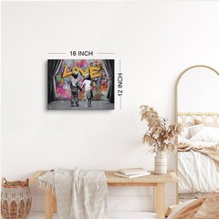 Banksy Canvas Wall Art Abstract Graffiti Child Couple Behind The Curtain Pict…
