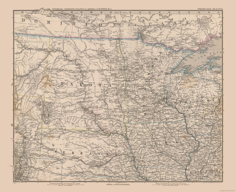 Historic State Map – Midwest – Stielers 1885 – Vintage Wall Art