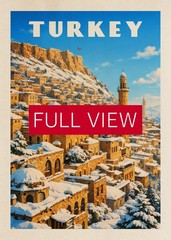 Winter Mardin, Turkey poster – Vintage Travel Print. Snowy Mardin Cityscape art