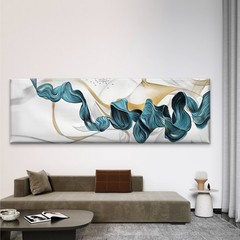 Panoramic Abstract Blue & Golden Flowing Ribbon Canvas Print Wall Art Home Decor
