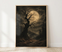 Gothic Spooky Tree Poster Full Moon Dark Forest Art Print Goth Wall Decor
