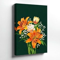 Wall Art Floral Bouquet Print Orange Lily Tulip White Flowers Botanical Decor