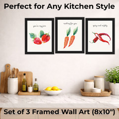 Colorful Kitchen Wall Art Set of 3 Framed 8×10 Funny Food Pun Prints Gift Decor