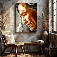 Wall Art Native American Elder Portrait Canvas Print Rustic Southwestern Decor