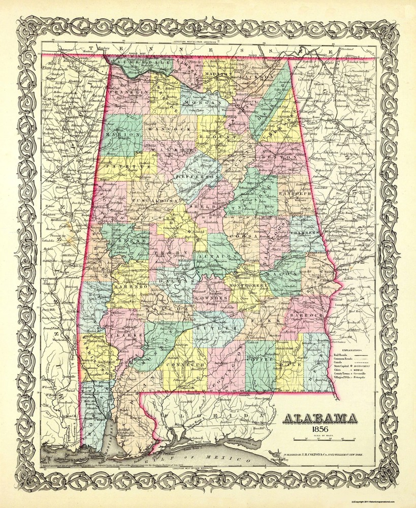 Historic State Map – Alabama – Colton 1856 – Vintage Wall Art