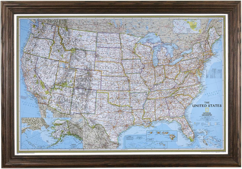Push Pin Travel Maps – Classic US – Solid Wood Brown Framed Pin Map for Tracking