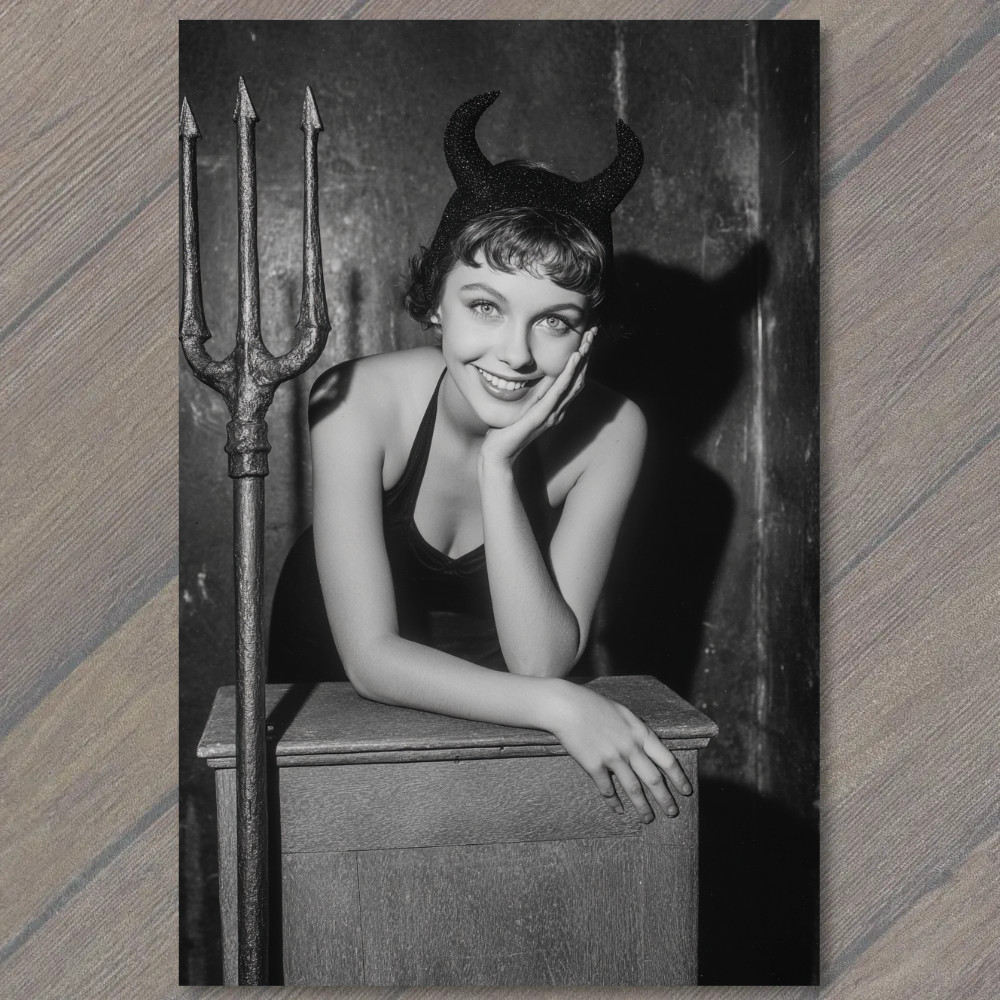 Art Print Devil Horns Woman Pitchfork Shadow Play Grinning Dark Halloween Style