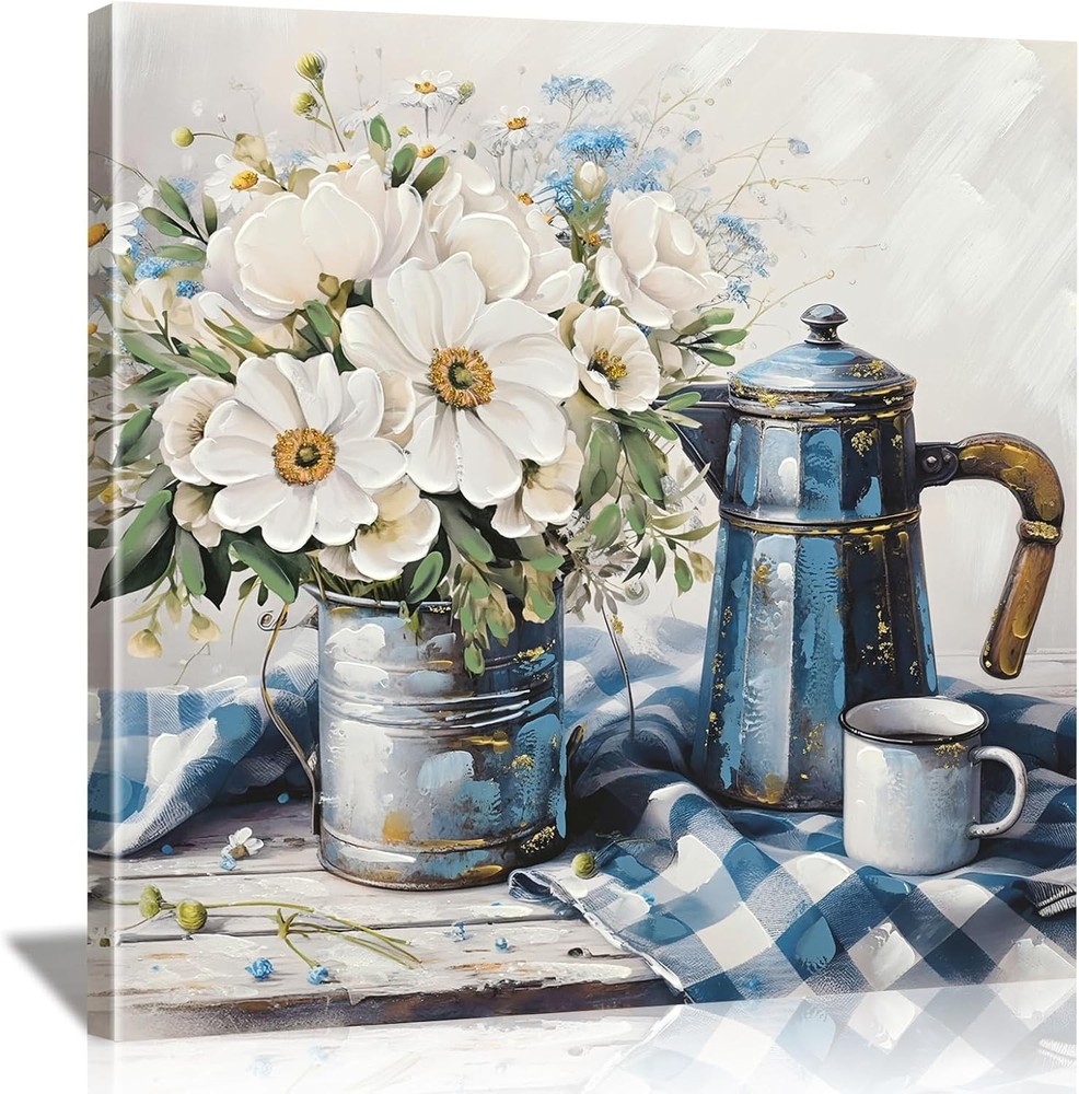 YPGEAME Blue and White Flower Kitchen Wall Picture on Canvas, Striped Tablecloth