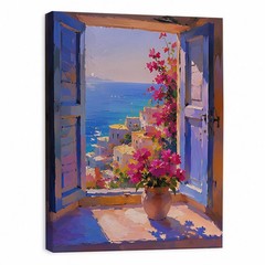 Mediterranean Window View Canvas Art Sea Coastal Landscape Floral Home Decor