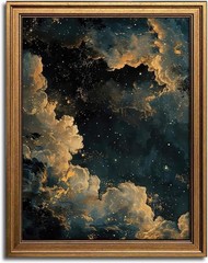 Vintage Gold Framed Moody Celestial Wall Art, Cloud Print Abstract Night Sky …