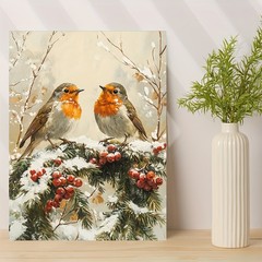 Winter Robin Birds with Berries Canvas Wall Art, Christmas Home Decor