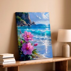 Wall Art Coastal Beach Seascape Pink Flowers Ocean Waves Cliff Canvas Print