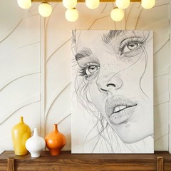 Wall Art Woman Face Sketch Print Black White Portrait Fashion Line Drawing Decor