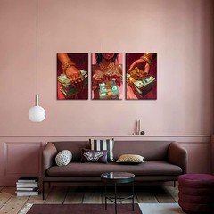 3Pcs Black Girl Canvas Wall Art Red Black Money Wall Decor Pictures Modern Pi…