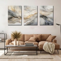 White and Grey Canvas Wall Art Set of 3 Abstract Beige Gold Marble Fluid Wall…